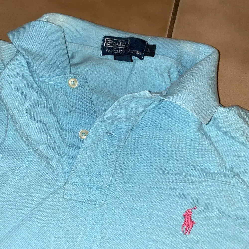 Ralph Lauren Polo Shirt Mens Large Light Blue Classic Fit Pink Pony Cotton Logo